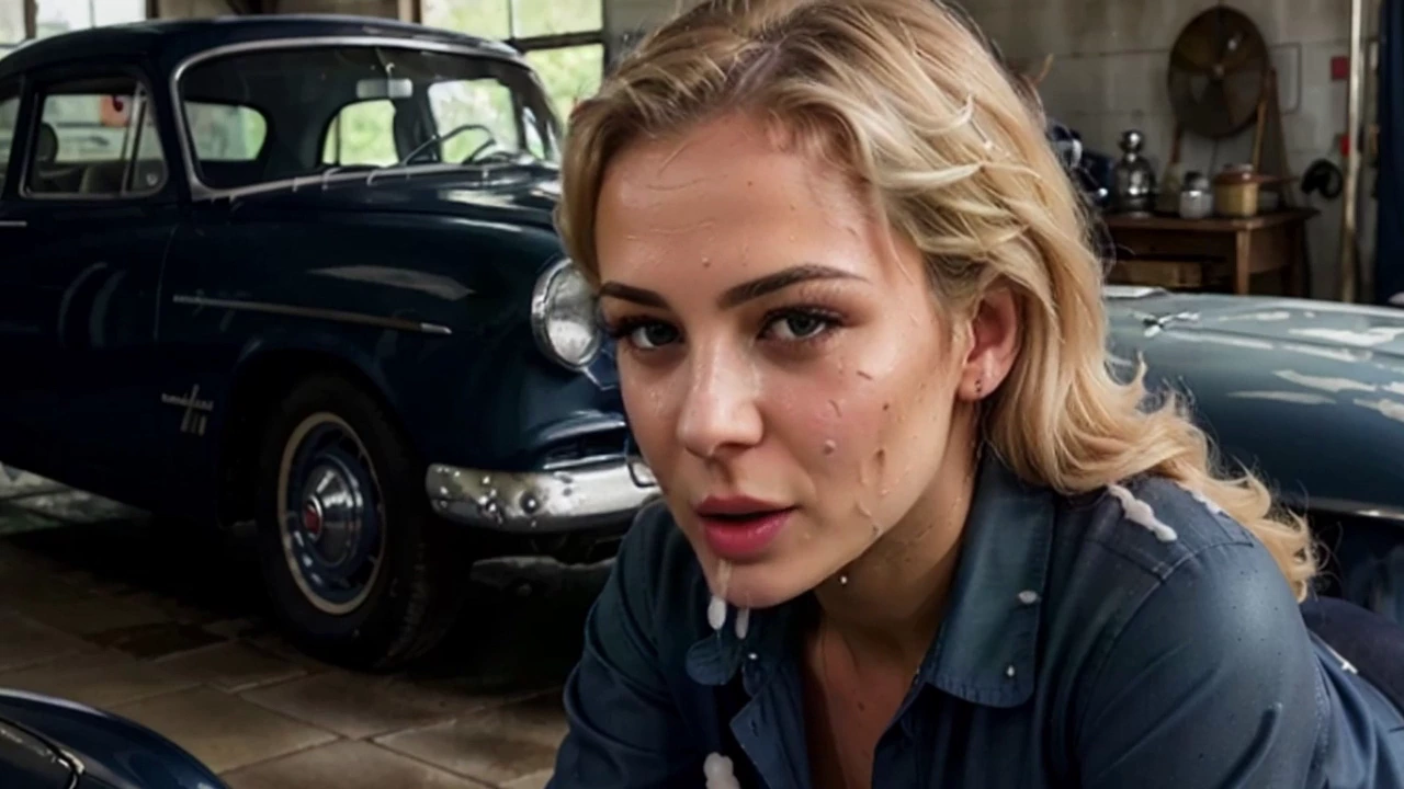 Blonde married woman indulges in passionate encounter with mechanic in 1950s workshop porn video